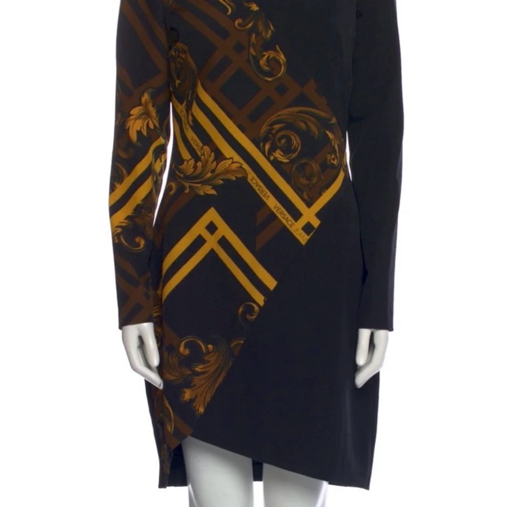 Versace Black Asymmetrical Logo Print Cocktail Dress